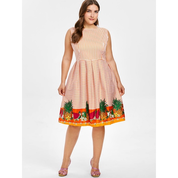 Plus Size Pineapple Watermelon Fit & Flare Dress - Picture 3 of 7